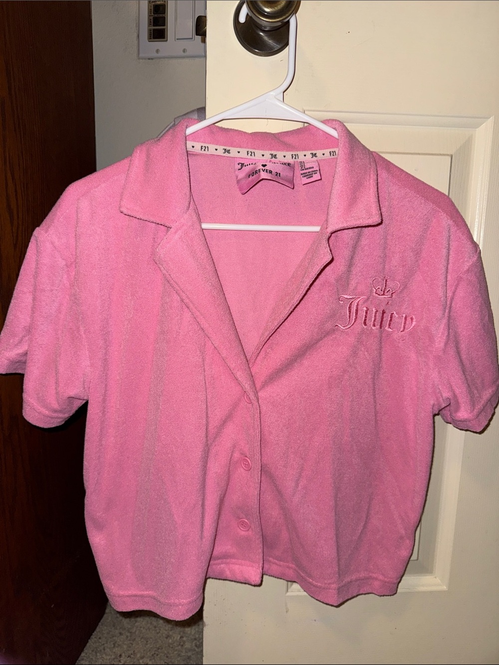 Juicy Couture x Forever 21 Pink Terry Short-Sleeve Button Down Small